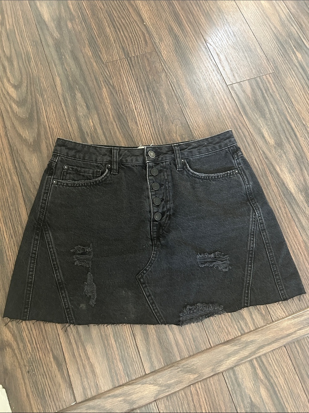 Free People Black Distressed Button-Front Mini Skirt
